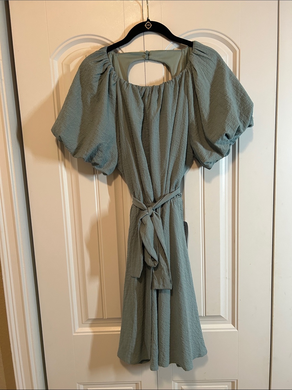 Lush Sage Green Puff-Sleeve Midi Dress with Self Tie